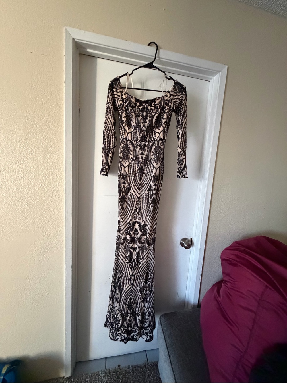 Windsor Black and Cream Off-Shoulder Long Sleeve Maxi Dress